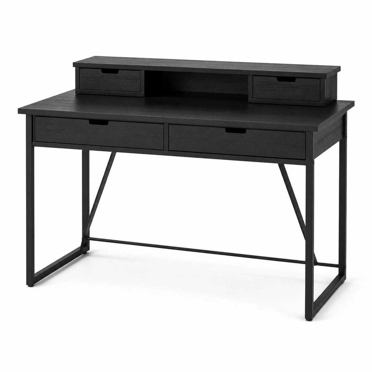 Bureau noir avec 4 tiroirs et niche ouverte, effet bois et métal, 120 x 60 x 95 cm