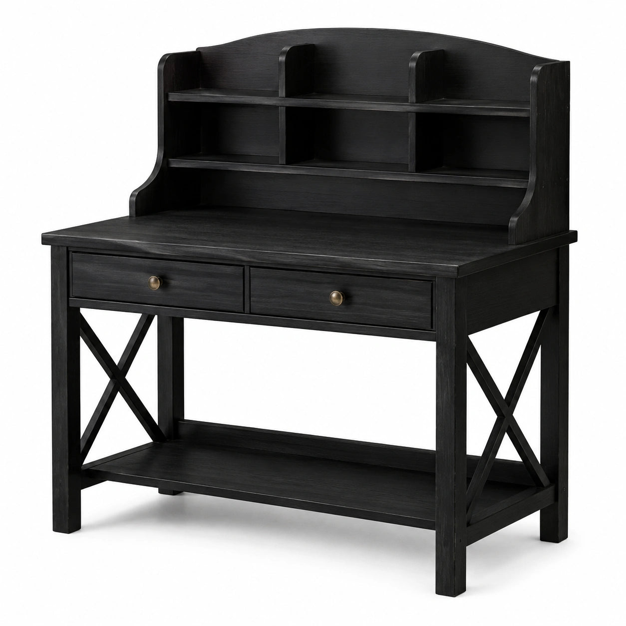 Bureau noir effet bois avec étagères et 2 tiroirs, 110 x 55 x 130 cm