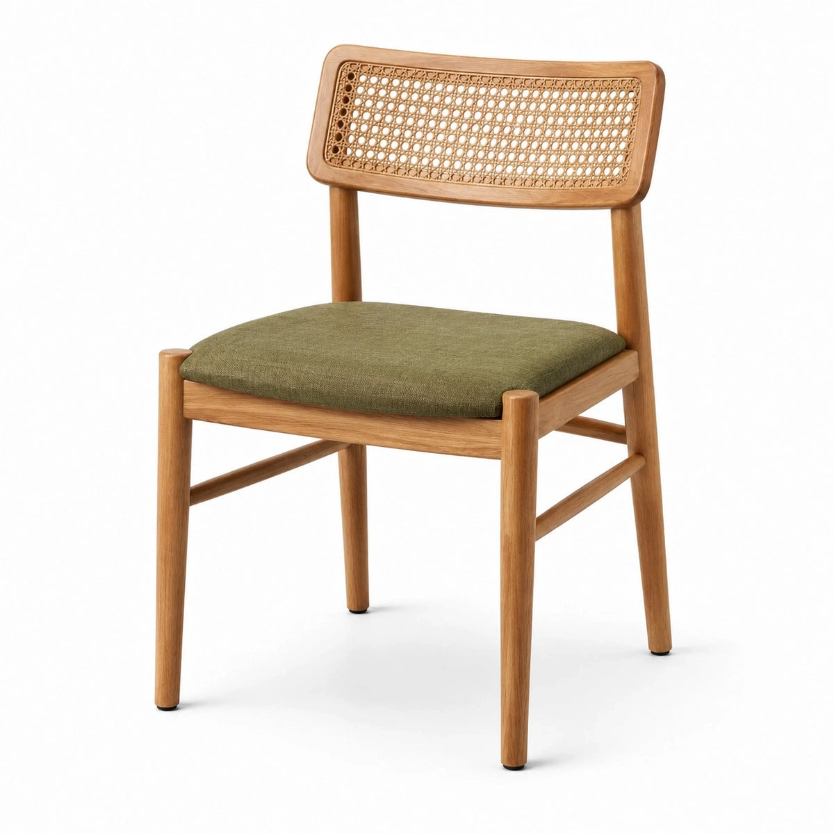 Chaise rétro en bois naturel avec dossier en cannage et assise vert olive, 52 x 55 x 81 cm