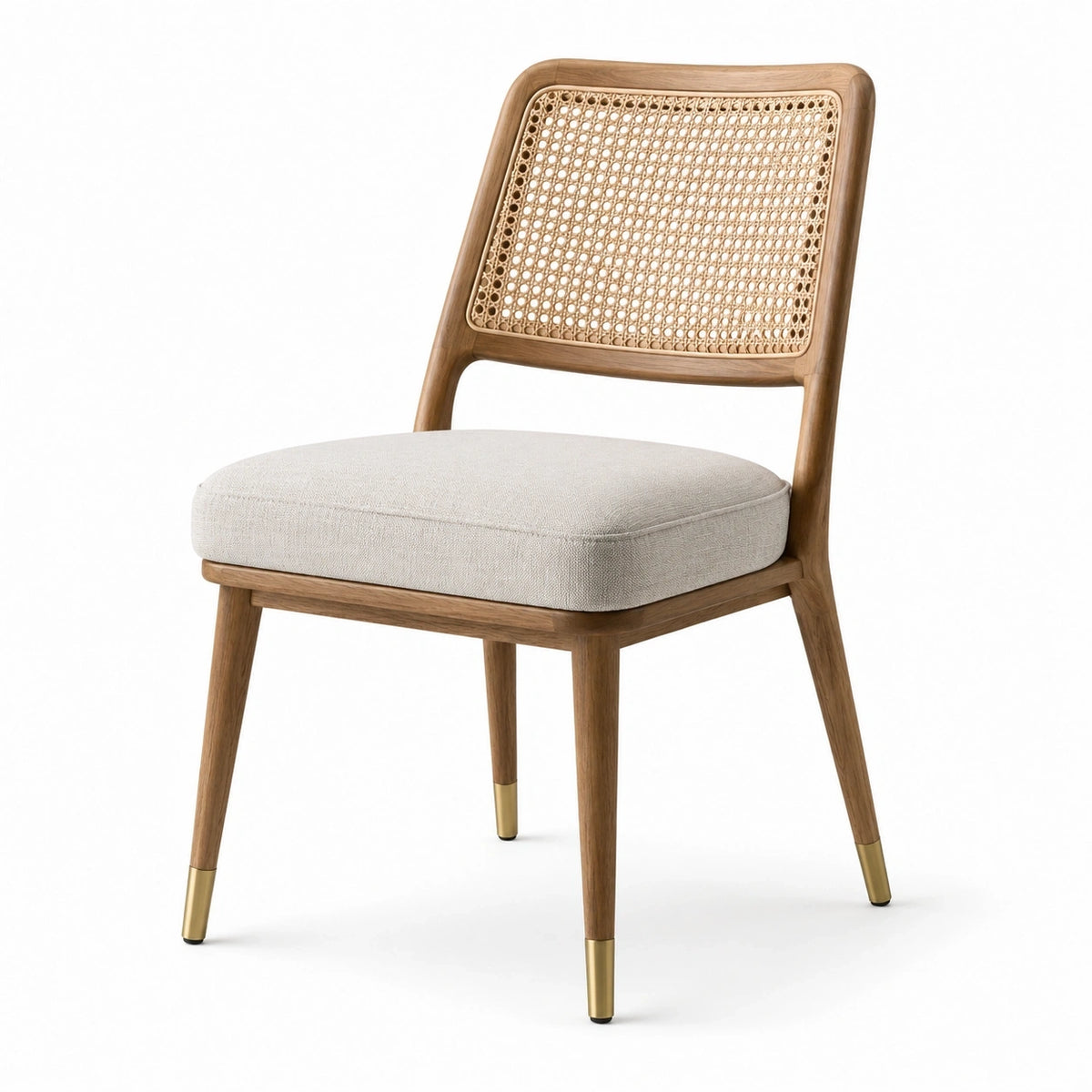 Chaise en bois brun naturel avec dossier en cannage, assise beige et finitions dorées, 55 x 58 x 84 cm