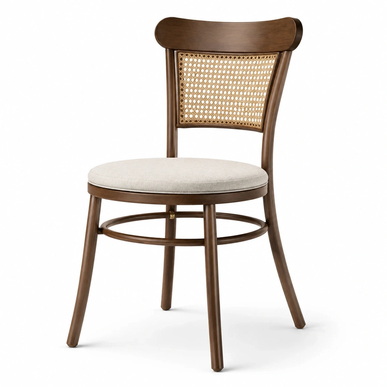Chaise rétro en bois brun, cannage naturel et assise beige, 52 x 55 x 82 cm