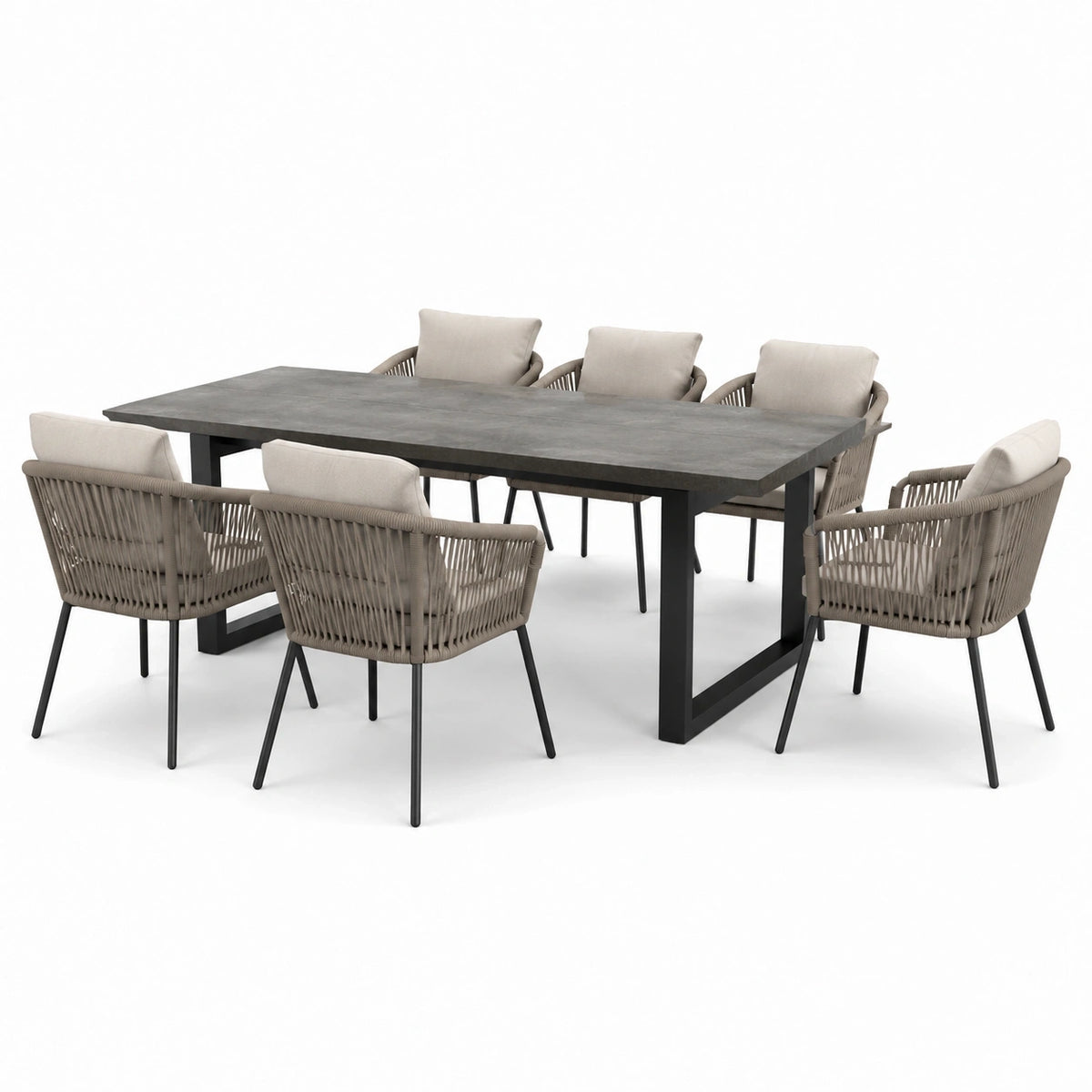 Ensemble repas de jardin 7 pièces, table 200 x 100 x 75 cm et 6 fauteuils 61 x 63 x 83 cm, gris, taupe, beige et noir