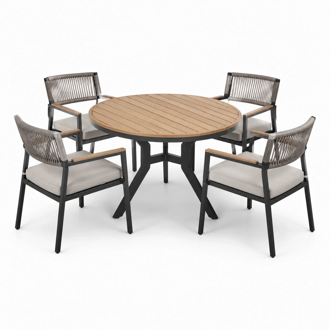 Ensemble repas de jardin 5 pièces, table ronde Ø 120 x 75 cm et 4 fauteuils 60 x 62 x 84 cm, gris, noir, marron clair et beige