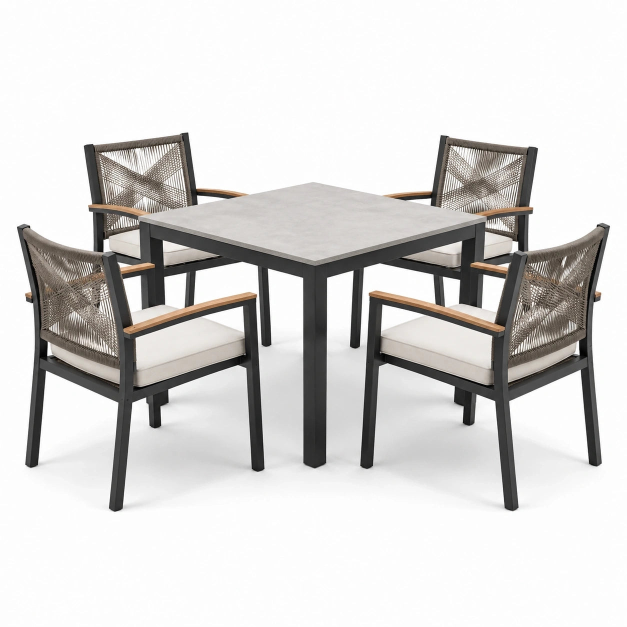 Salon de jardin 5 pièces avec table carrée 90 x 90 x 74 cm et 4 fauteuils 58 x 60 x 85 cm, noir, taupe, gris, beige et marron