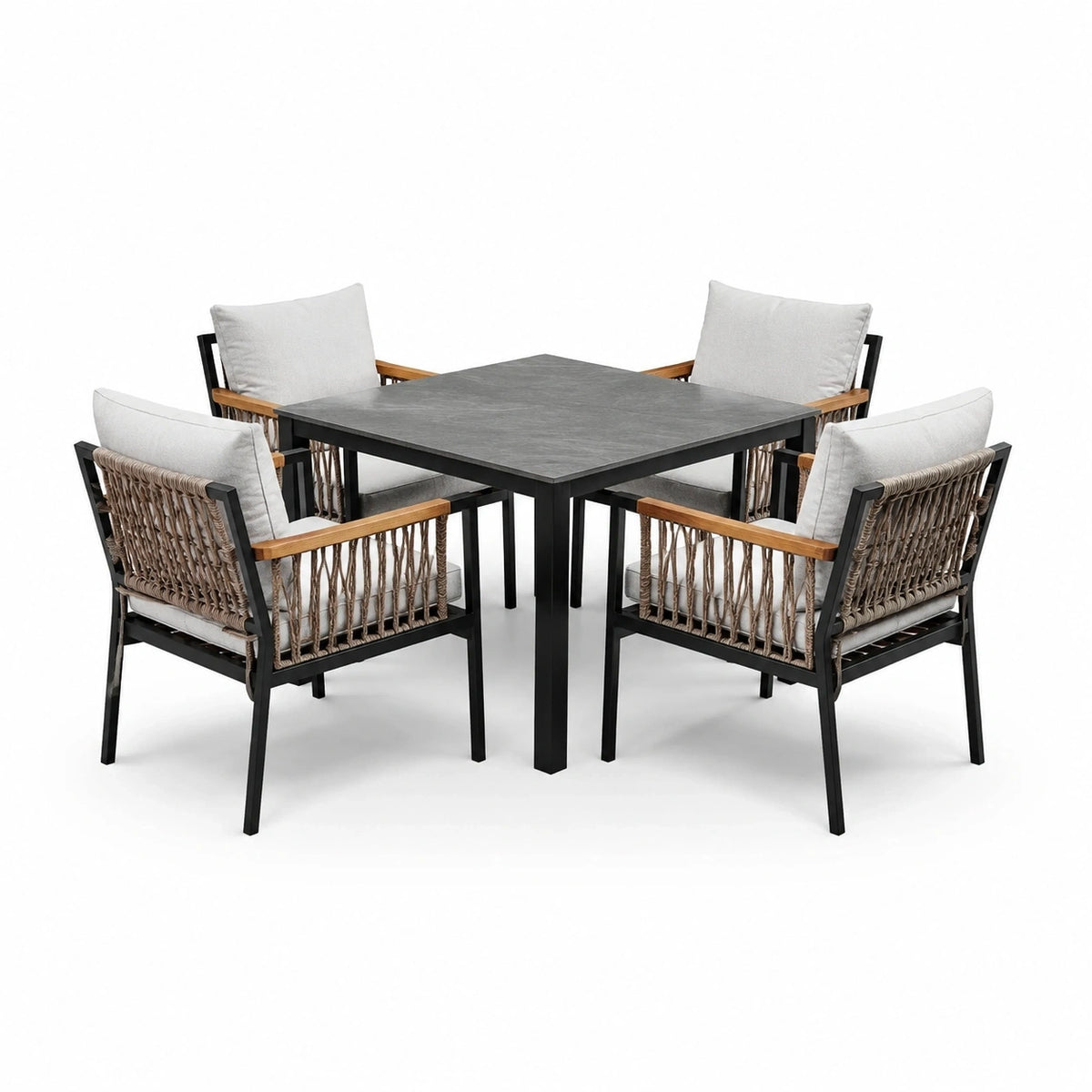 Ensemble de jardin 5 pièces noir, gris, taupe et marron avec table carrée 90 x 90 x 75 cm et 4 fauteuils 62 x 60 x 82 cm
