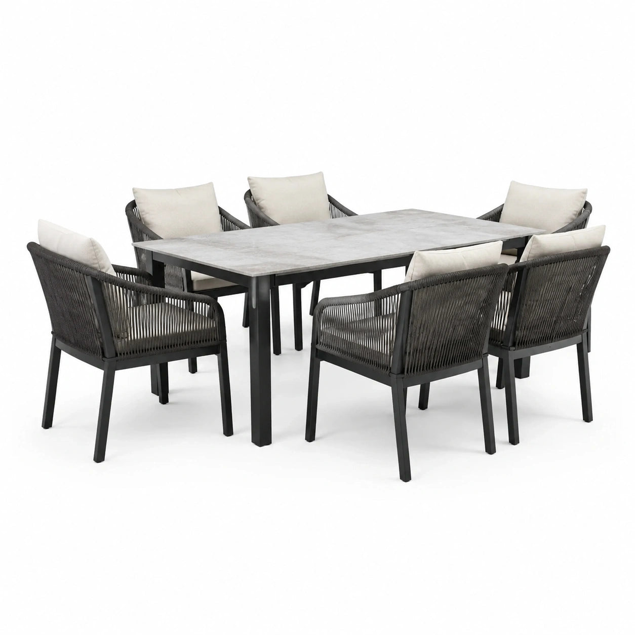 Ensemble repas de jardin 7 pièces avec table 200 x 100 x 75 cm et 6 fauteuils, noir, gris et beige