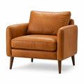 Fauteuil contemporain 100 x 90 x 86 cm, revêtement aspect cuir camel et pieds en bois marron foncé