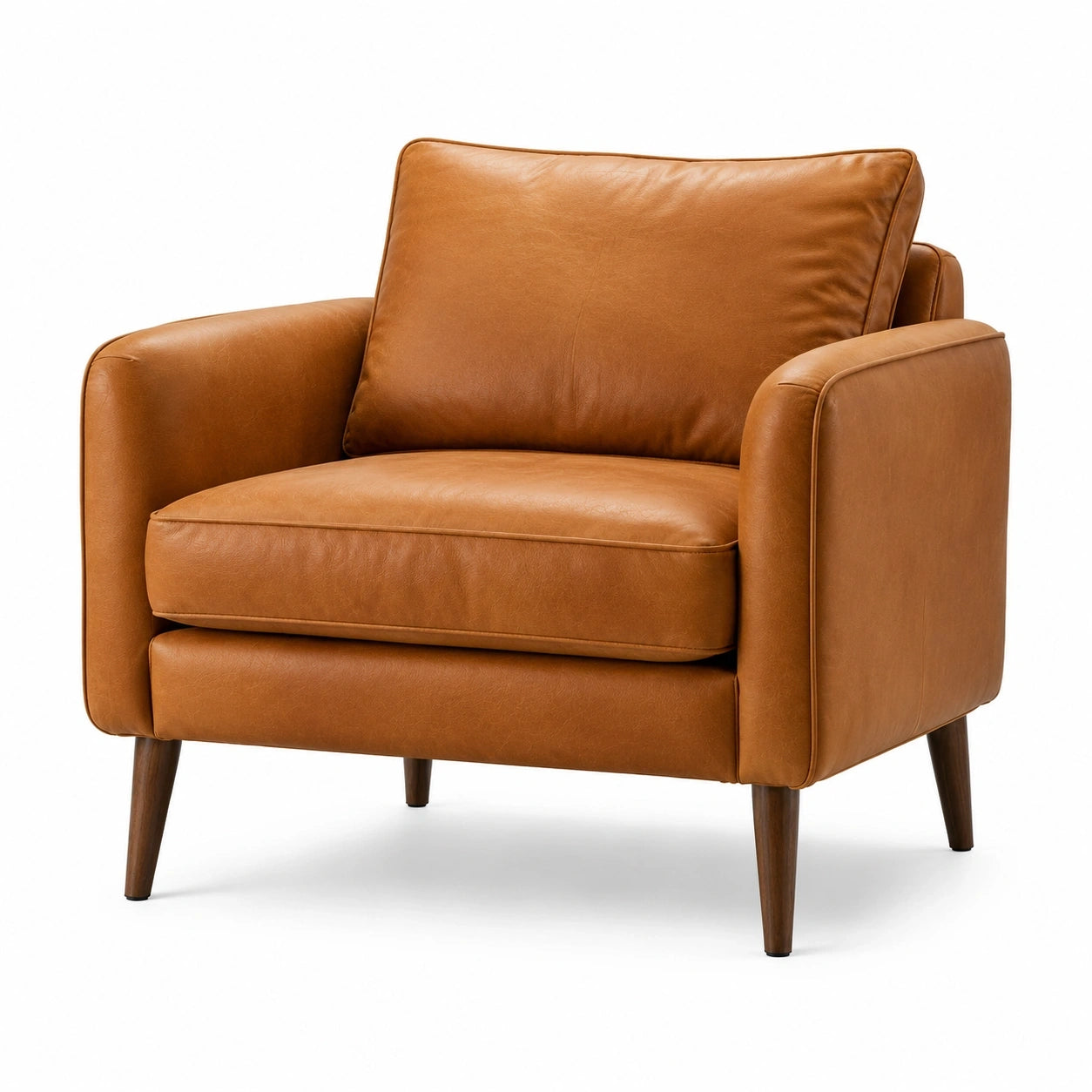 Fauteuil contemporain 100 x 90 x 86 cm, revêtement aspect cuir camel et pieds en bois marron foncé