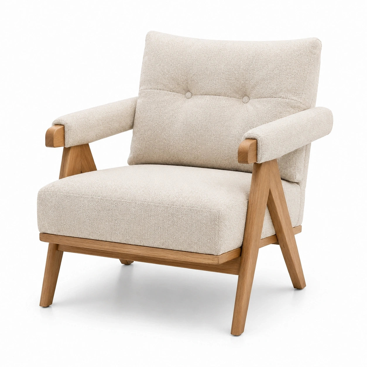 Fauteuil contemporain en tissu bouclé beige et bois naturel avec accoudoirs, 77 x 79 x 83 cm