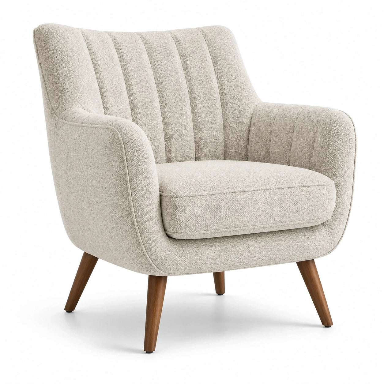 Fauteuil rétro en tissu bouclé crème avec pieds en bois marron, 82 x 84 x 91 cm